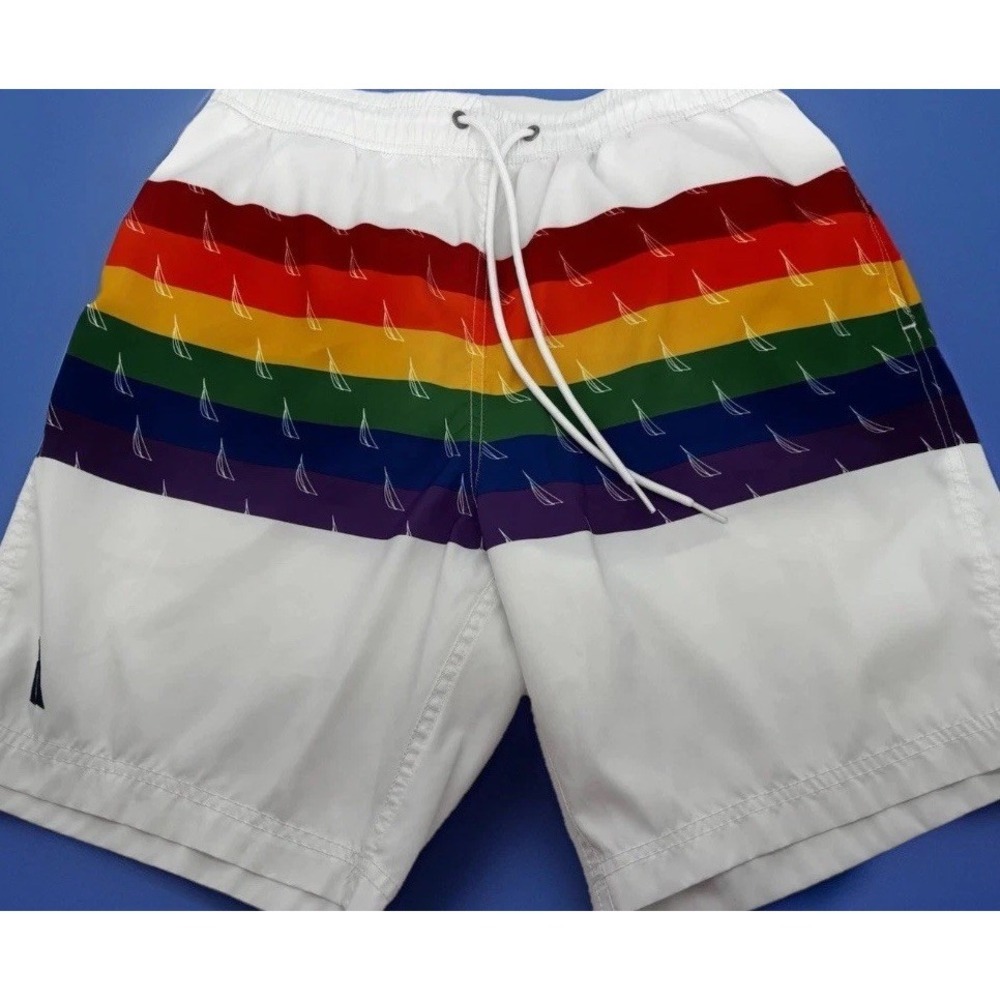 Nautica Men's Rainbow Striped Swim Shorts White Multicolor Size M Elastic Waist